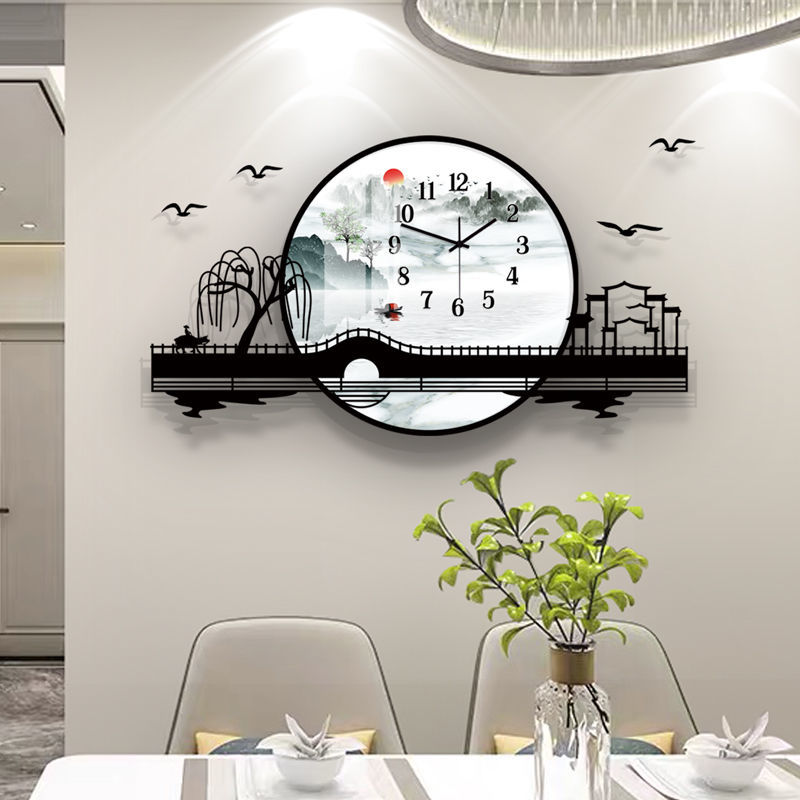 新中式鐘表掛鐘客廳靜音立體山水裝飾畫壁畫現代簡約創意輕奢時鐘