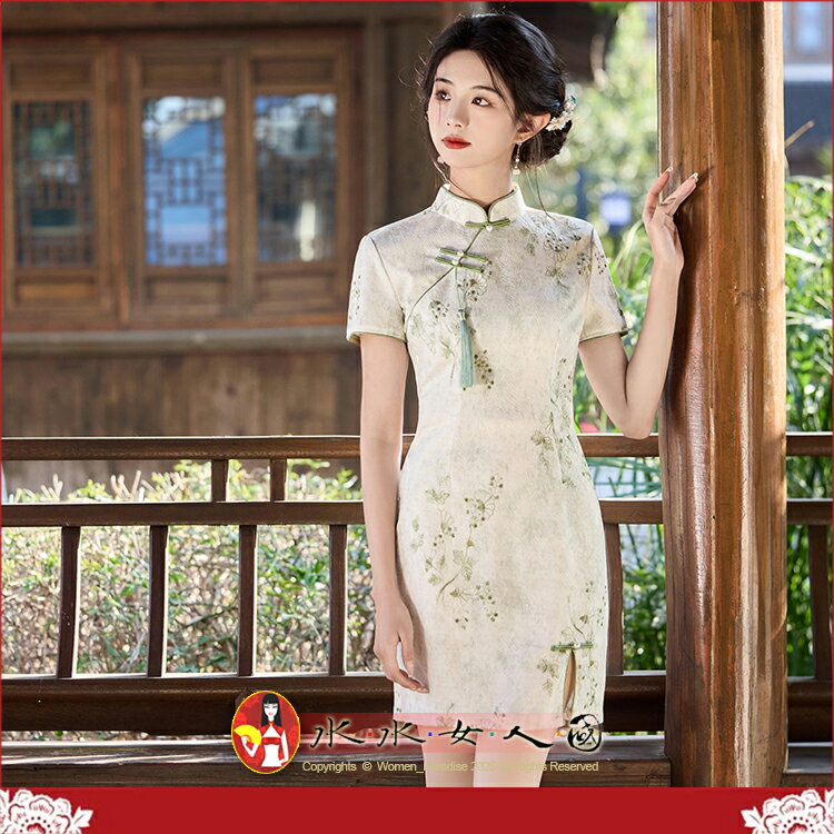 素雅蕾絲繡花前開衩短款旗袍春夏改良小個子少女中國風短袖優雅氣質女連身裙洋裝-碧瑩-水水女人國
