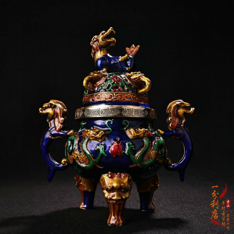 純銅景泰藍薰香爐擺件三足雙耳獅蓋龍戲珠烤藍銅爐居家宣德爐擺設