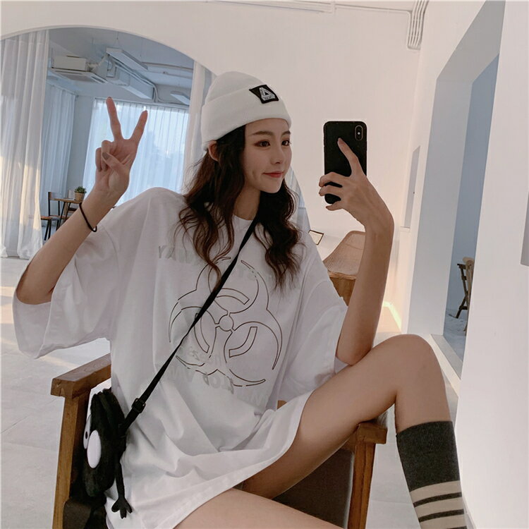 ins超火中長款短袖T恤女夏港風寬松韓版潮原宿bf蹦迪反光半袖上衣