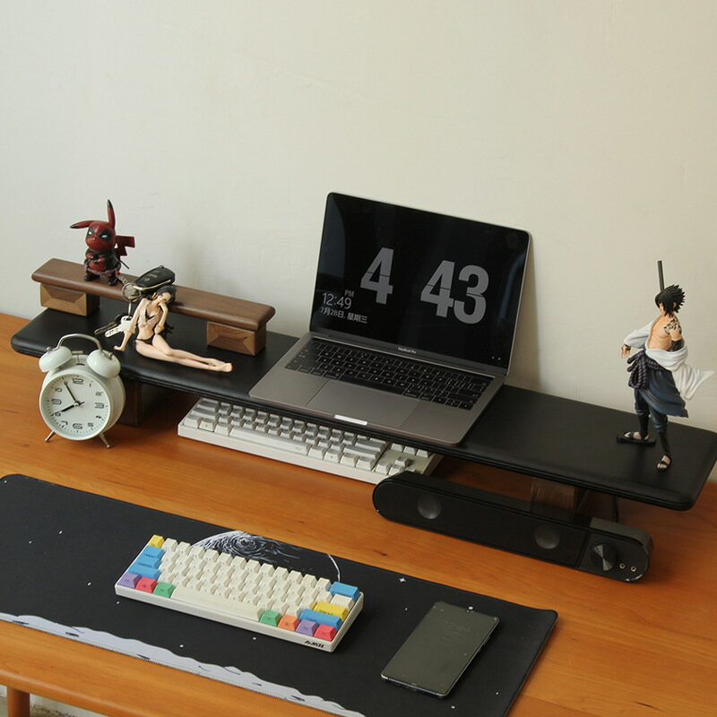 黑色馬革皮收納電腦顯示器增高架辦公室桌面美學置物架桌搭