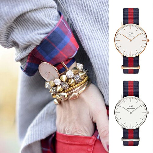 【Cadiz】瑞典正品 Daniel Wellington 手錶 0501DW CLASSIC OXFORD 藍紅尼龍錶帶 蛋殼白錶盤 36mm 對錶 情侶錶 男女錶 兩年保固