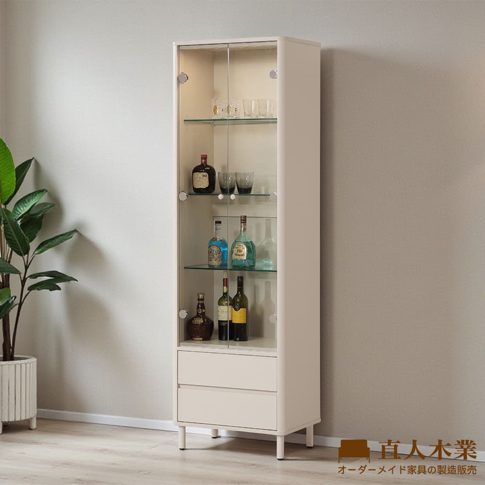 【直人木業】NARIA奶油風玻璃展示櫃60CM