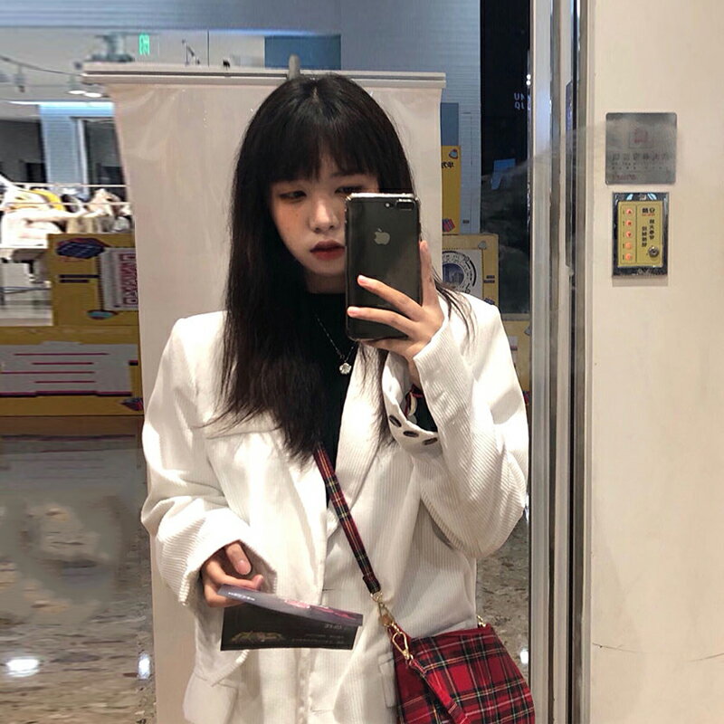 西裝外套休閒西服-燈芯絨白色寬鬆中長版女外套73xj35【獨家進口】【米蘭精品】