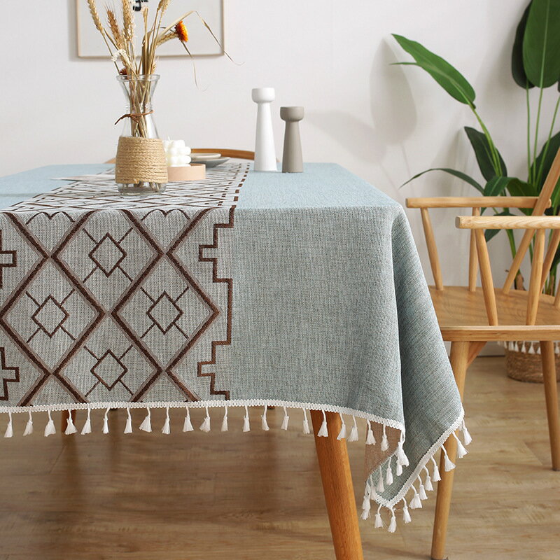 仿棉麻菱形幾何繡花桌佈佈長方形餐桌佈多功能蓋巾