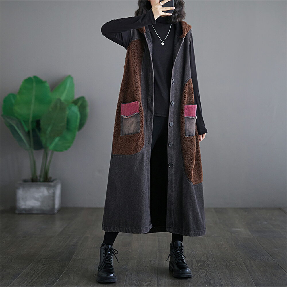 ＊ORead＊加絨加厚羊羔毛拼接牛仔長馬甲外套(黑色M~2XL)
