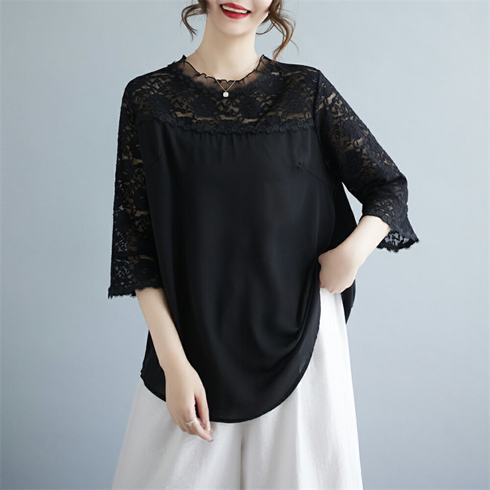 ＊ORead＊網紗冰絲剪接七分袖上衣(黑色M~3XL)