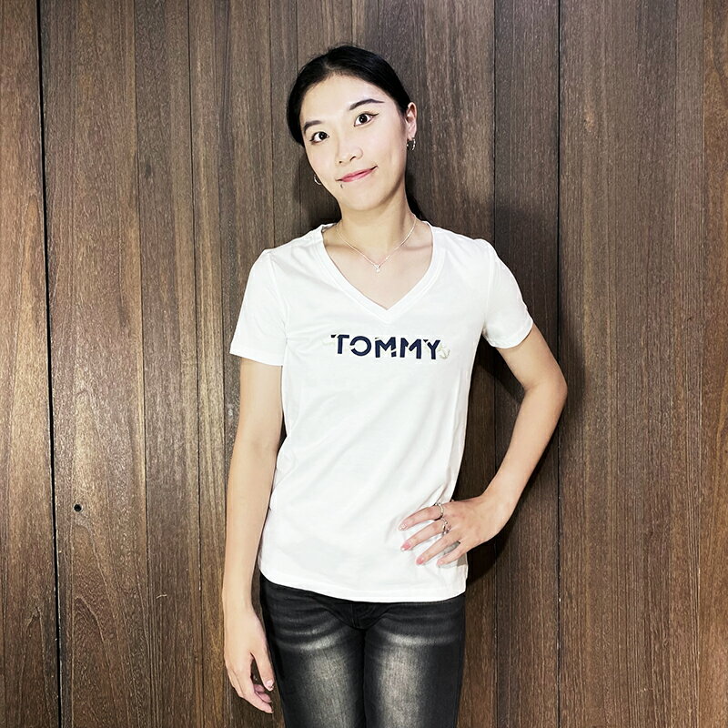 美國百分百【全新真品】Tommy Hilfiger 短袖 棉質 T恤 V領 女款 TH 上衣 logo 短T 白色 CV10
