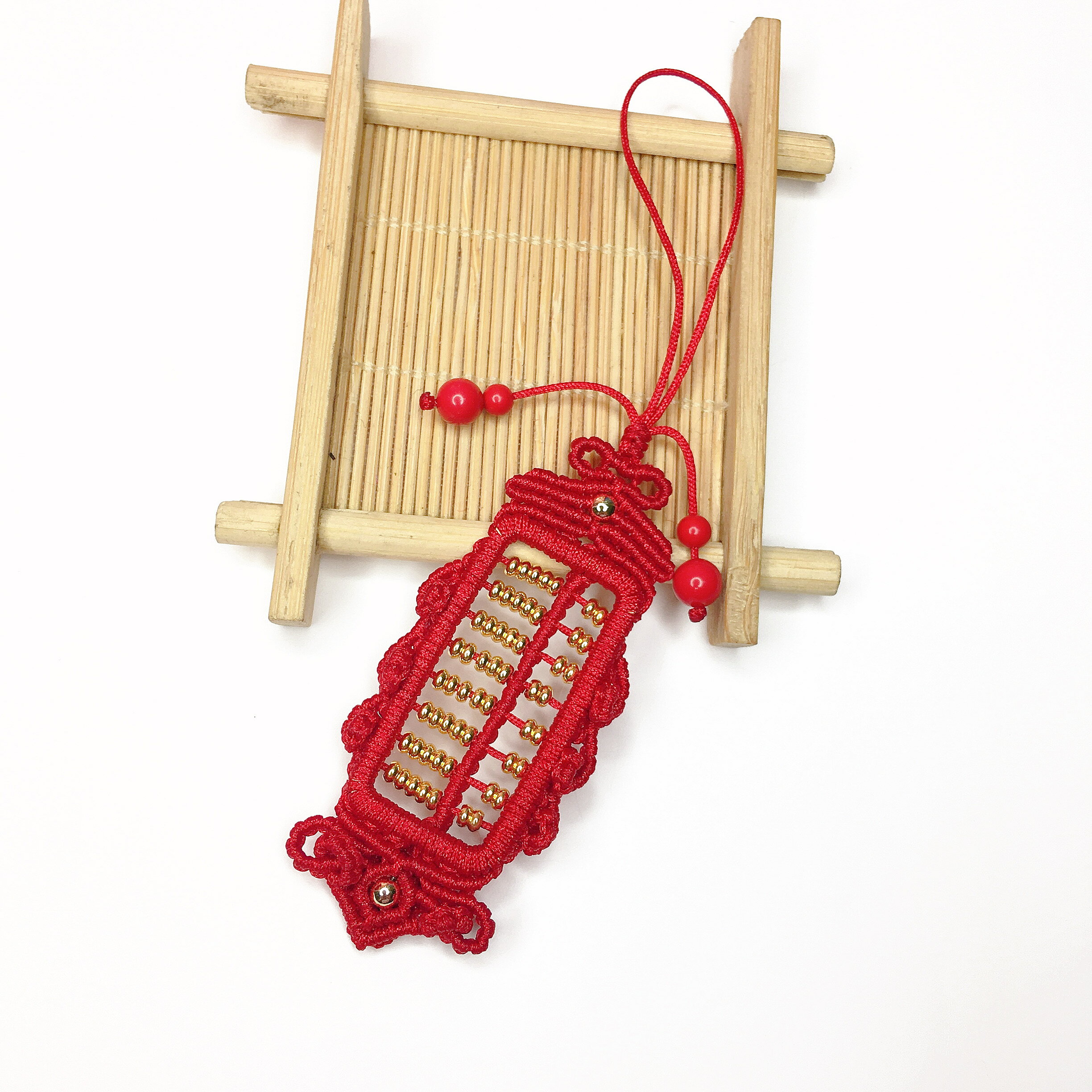 紅繩算盤DIY自制手工掛飾材料包手機鑰匙包紅色中國結創意掛件