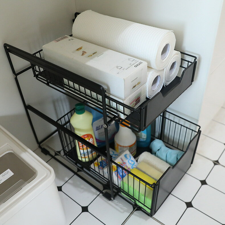 廚房下水槽 置物架 落地櫥櫃內日用品伸縮抽屜式櫃子臺面收納分層架
