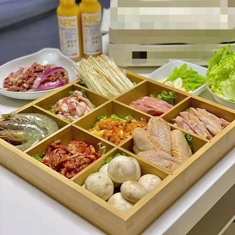 火鍋蔬菜拼盤烤肉餐具肥牛羊肉盤竹製分格日式九宮格乾冰創意密胺