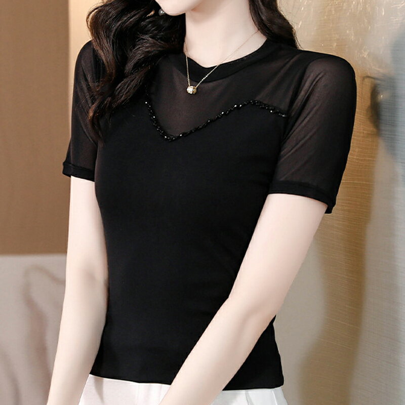 【巴黎精品】現貨+預購 高級蕾絲上衣短袖雪紡衫網紗拼接氣質打底衫內搭休閒女裝-釘珠透膚V領女上衣a1kw59