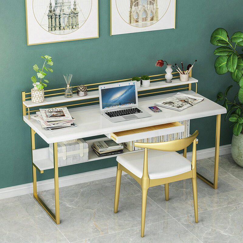 免運 可開發票 北歐實木臺式電腦桌 金色鐵藝輕奢家用書房寫字桌創意雙層辦公桌