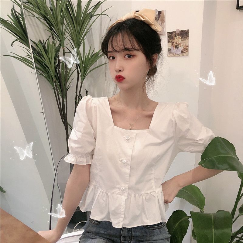FUXI 短袖襯衫女 白色襯衫 泡泡袖襯衫 短版上衣 韓版方領寬鬆上衣 短板襯衫 女裝 衣服