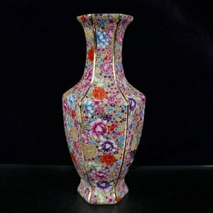 景德鎮陶瓷花開富貴花瓶 粉彩六方花瓶 瓷瓶家居客廳插花裝飾擺件
