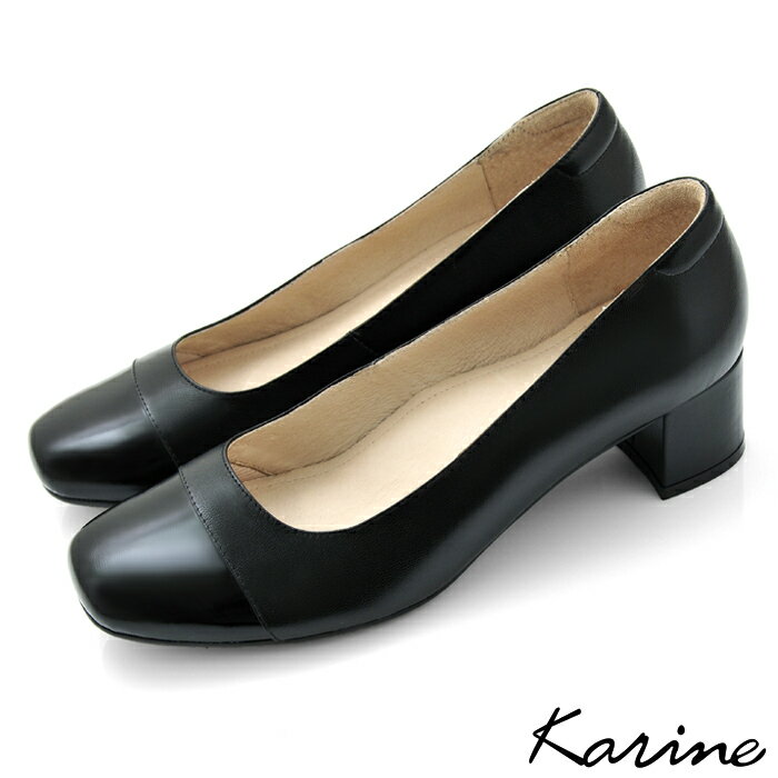karine(MIT台灣製)全真皮拼接方頭粗跟包鞋-黑色