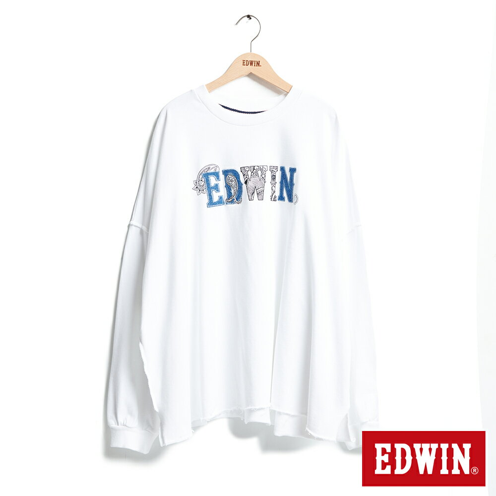 EDWIN 女款 再生系列 CORE環保丹寧變形蟲LOGO寬版不收邊厚長袖T恤(米白色)