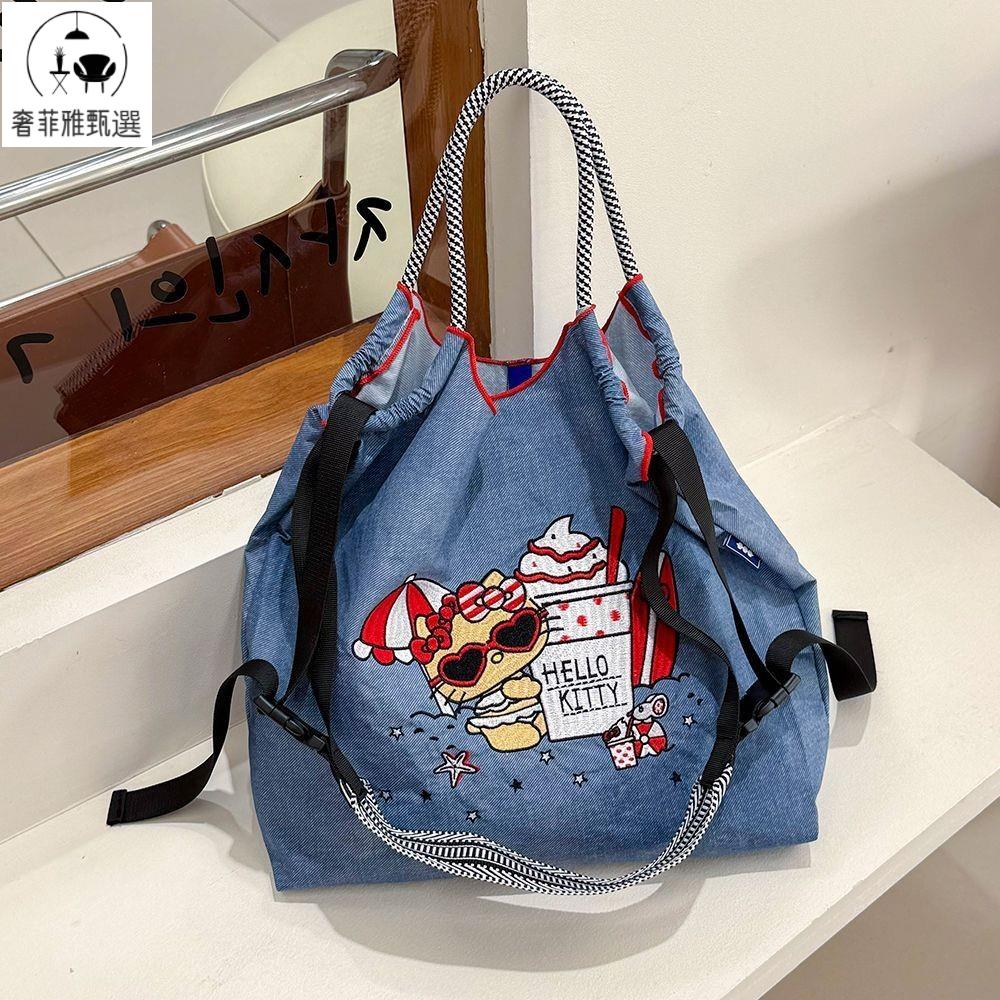 全網低價 日系春夏新款刺繡購物袋豹紋牛仔HelloKitty斜挎包外出旅遊單肩包 SFY6-25 快速出貨 開發票