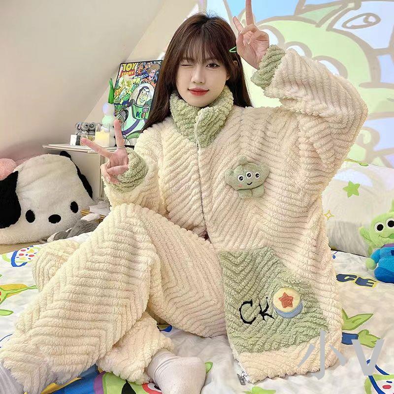 小V優購 睡衣女秋冬季新款小香風珊瑚絨學生ins宿舍可外穿加絨加厚套裝