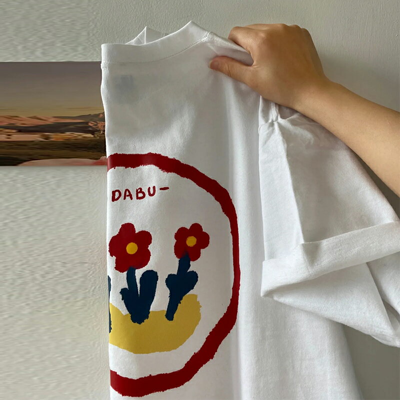 白色純棉短袖t恤女2022夏季韓版港風chic設計感小眾印花別致上衣
