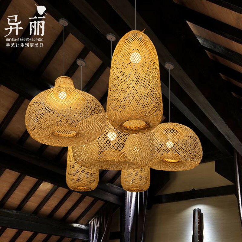異麗樓梯過道竹藝吊燈茶室陽臺現代簡約竹編燈具新中式餐廳客廳燈