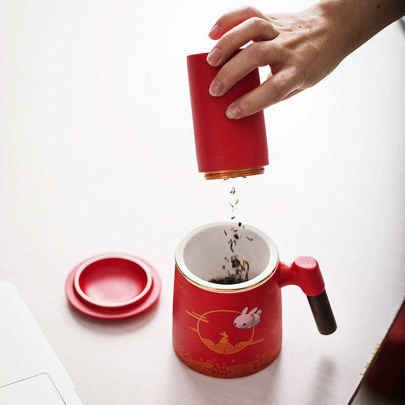 中秋玉兔陶瓷馬克杯茶水分離泡茶杯三件套辦公杯子印雕刻 2