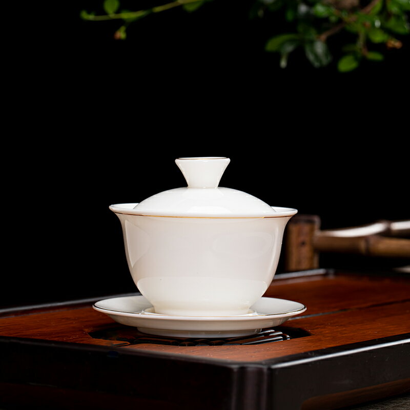 羊脂玉單個蓋碗茶杯純手工描金陶瓷泡茶碗白瓷功夫茶具三才敬茶碗