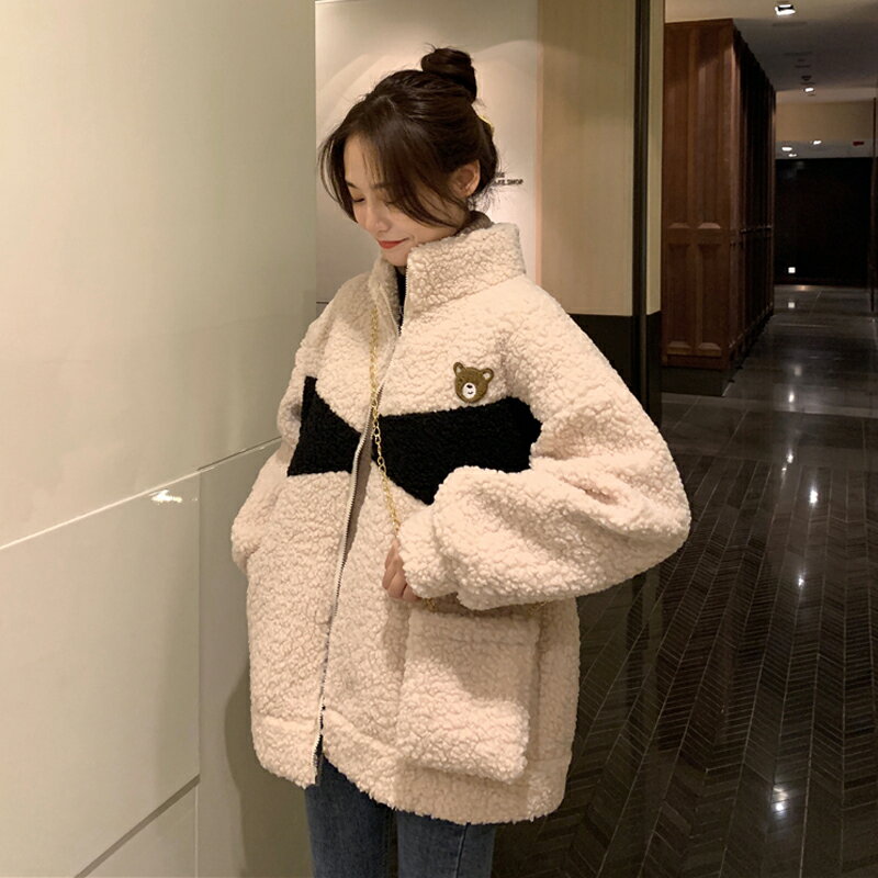 針織開衫仿羊羔毛加絨加厚棉服外套 女2021年新款冬季寬松立領保暖棉衣【淘夢屋】
