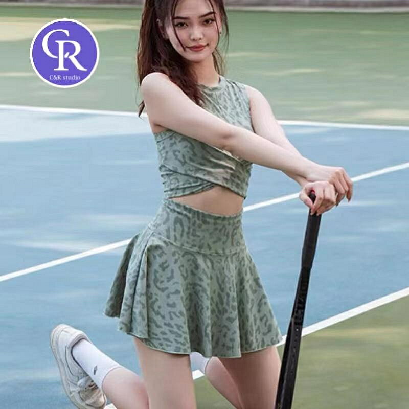 24h出貨運動背心+網球裙 套裝 豹紋印花 高爾夫 羽毛球 假兩件運動短裙 褲裙