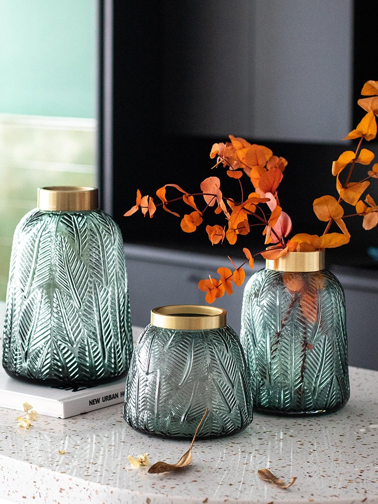 南十字星 美式輕奢綠色格紋透明玻璃花瓶 客廳餐桌插干花花瓶博因