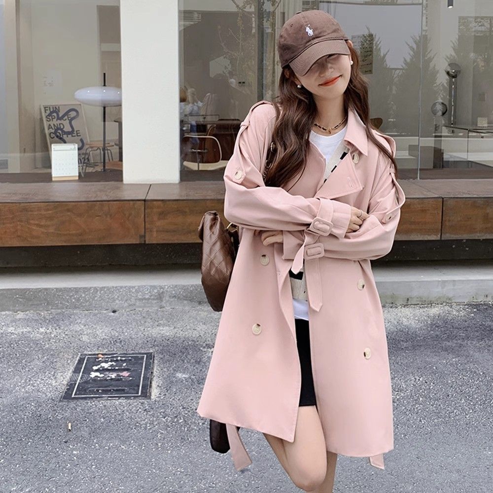 風衣夾克外套女韓系粉色中長款小個子韓版氣質寬松顯瘦大衣秋新款