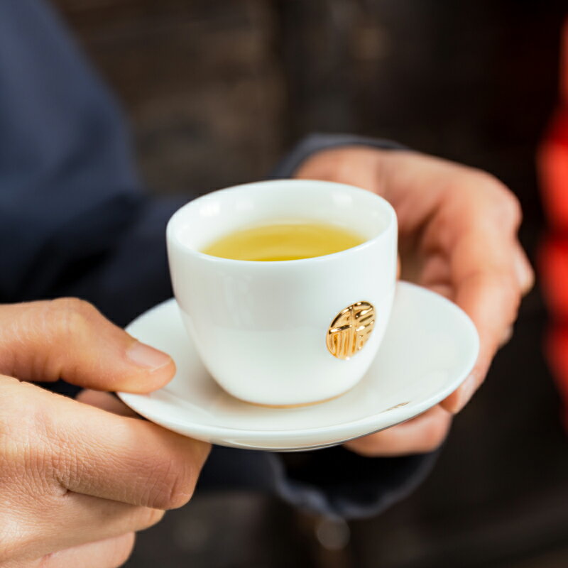 高檔德化白瓷茶杯羊脂玉主人杯描金品茗杯家用杯墊個人杯功夫茶具