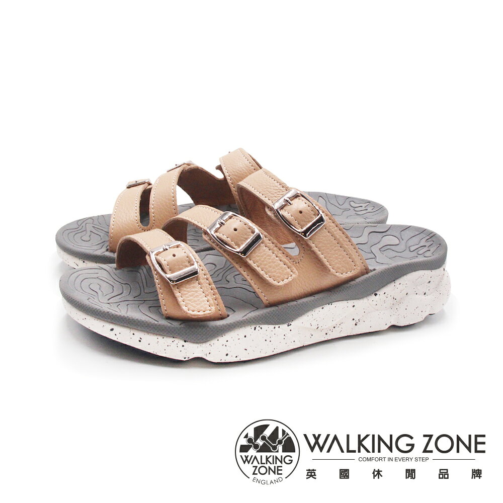 WALKING ZONE(女)MIT真皮金屬3釦拖鞋 女鞋-卡其色