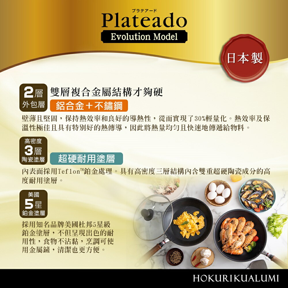 【日本北陸hokua】日本製Plateado EM複合金不沾平炒鍋28cm(含蓋)可用金屬鏟/IH可用鍋 2
