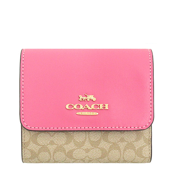 COACH 三折短夾 老花防刮PVC/平滑皮革 錢包 皮夾 短夾 CF369 粉色(現貨)▶指定Outlet商品5折起☆現貨【送禮首選★APP下單點數4倍送】