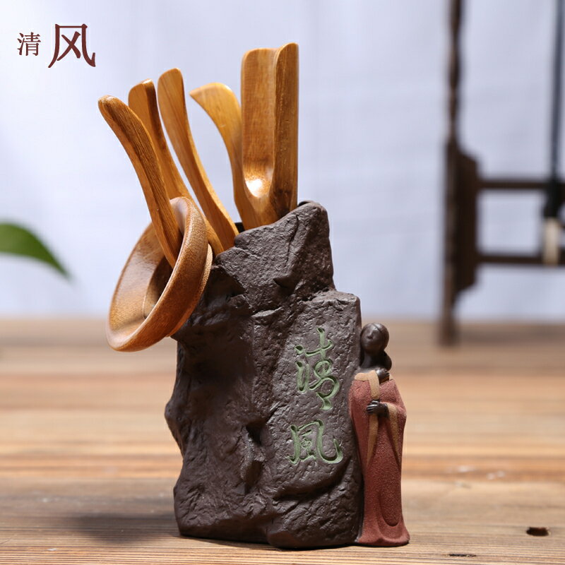 陶瓷創意精緻茶寵擺件清新花插 茶具茶道六君子人物茶玩配件1入
