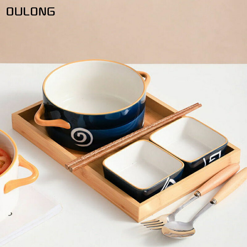 一人食餐具套裝雙耳湯碗吃面碗碗碟日式陶瓷家用單人碗筷早餐碗盤