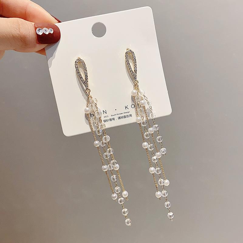925銀針韓國氣質水滴水晶珍珠流蘇長款耳環 個性網紅新款耳釘耳飾