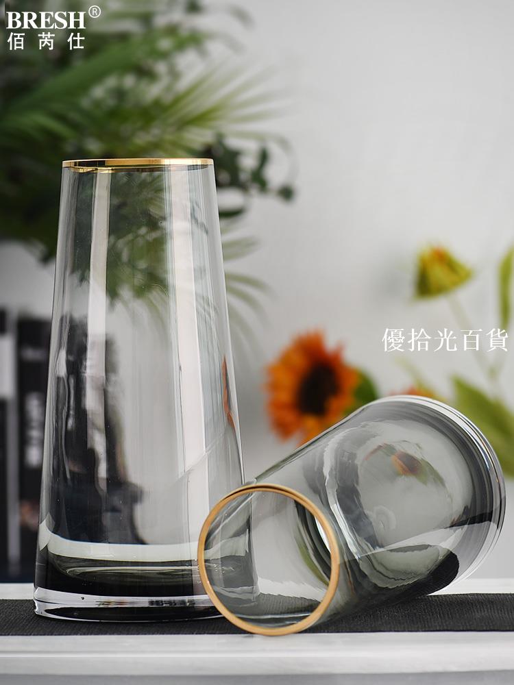 【全球優品匯】輕奢描金透明玻璃花瓶擺件客廳插花器餐桌面裝飾家居飾品