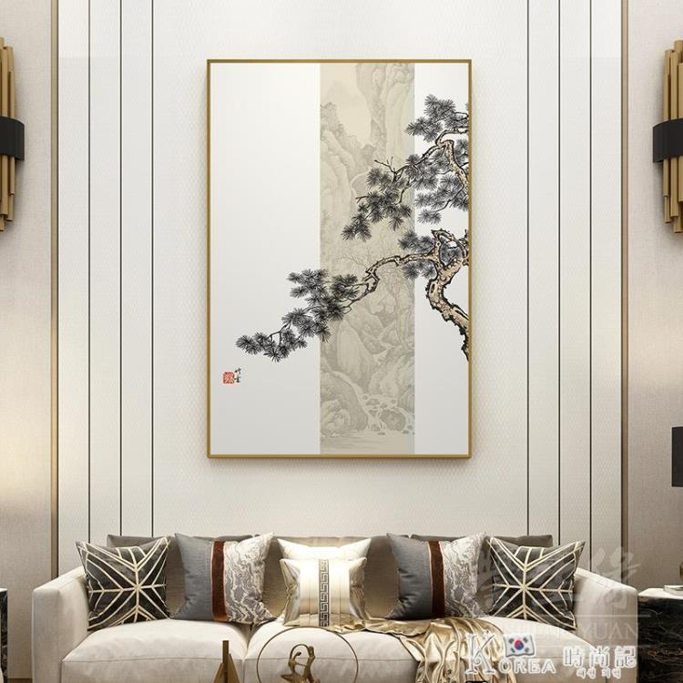 新中式禪意竹子客廳裝飾畫玄關書房茶室軟裝樣板房迎客鬆山水掛畫【摩可美家】
