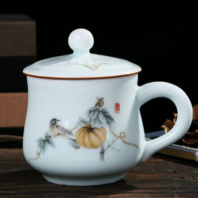 淘瓷八陶瓷茶杯帶蓋有手柄青瓷辦公水杯泡茶杯辦公杯