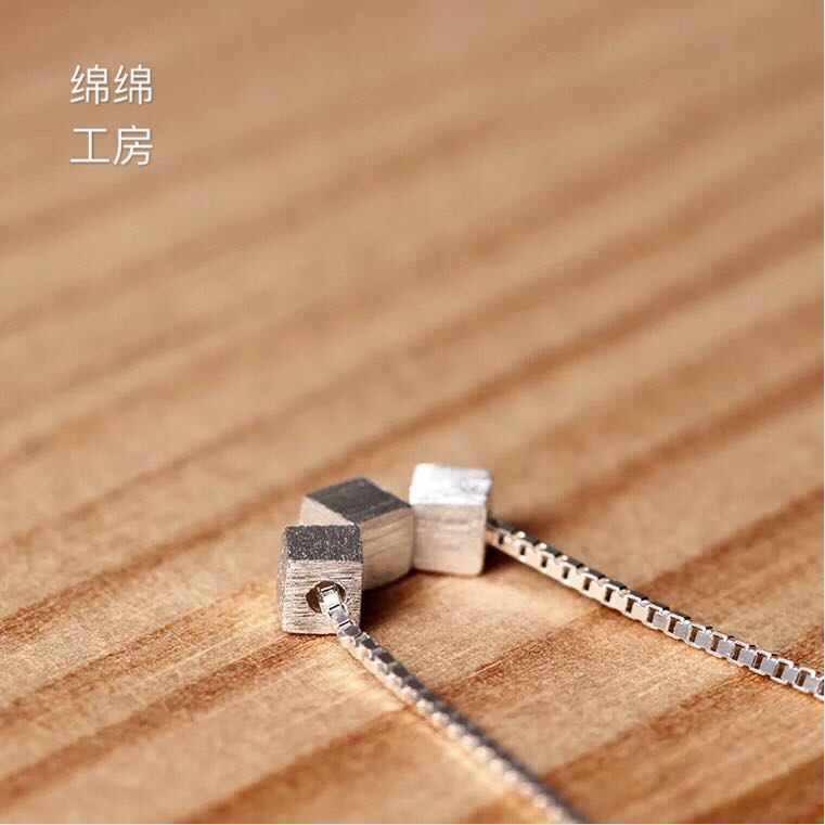 s925銀韓版簡約幾何立體方塊項鏈女純銀時尚氣質款鎖骨鏈