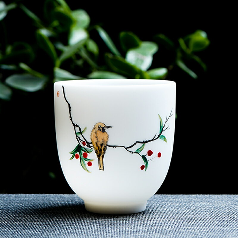 玉瓷功夫茶具茶杯茶碗家用辦公陶瓷單個人品茗喝茶水杯手繪茶杯盞