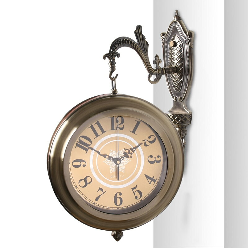 TQJ歐式金屬皮革雙面掛鐘時鐘表創意掛表客廳臥室靜音壁掛鐘