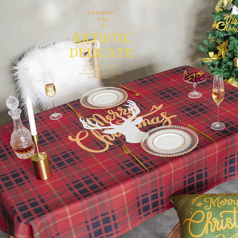 ins復古格子聖誕節桌布 (100*140cm) 布藝防水防油免洗紅色喜慶餐桌檯布