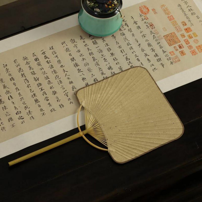 手工原色宣紙茶葉團扇仿古方形竹扇子禪意古風納涼中式紙扇