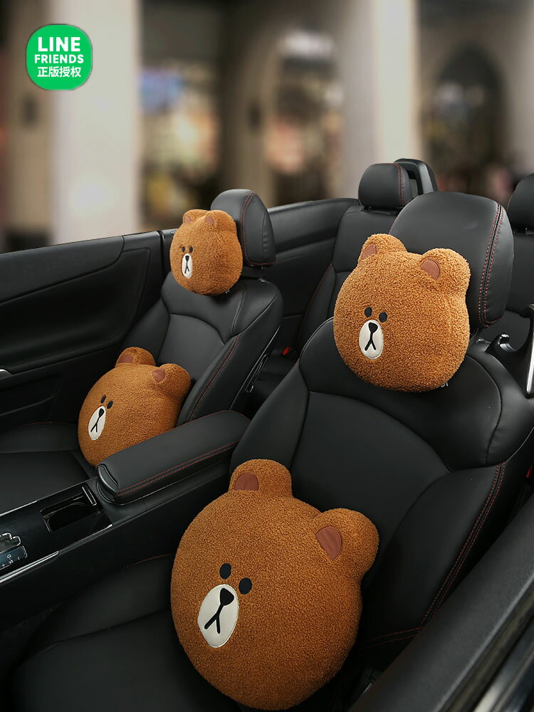 布朗熊汽車頭枕腰靠套裝可愛卡通創意靠枕女靠墊車用護頸枕頭一對