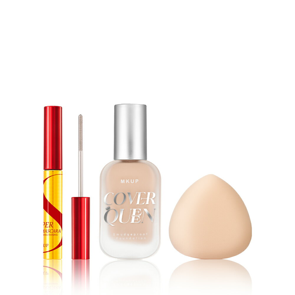 MKUP 美咖【新品上市】Super纖長電眼睫毛膏+絕對遮瑕持久粉底液SPF34★★★+彈力氣墊粉撲