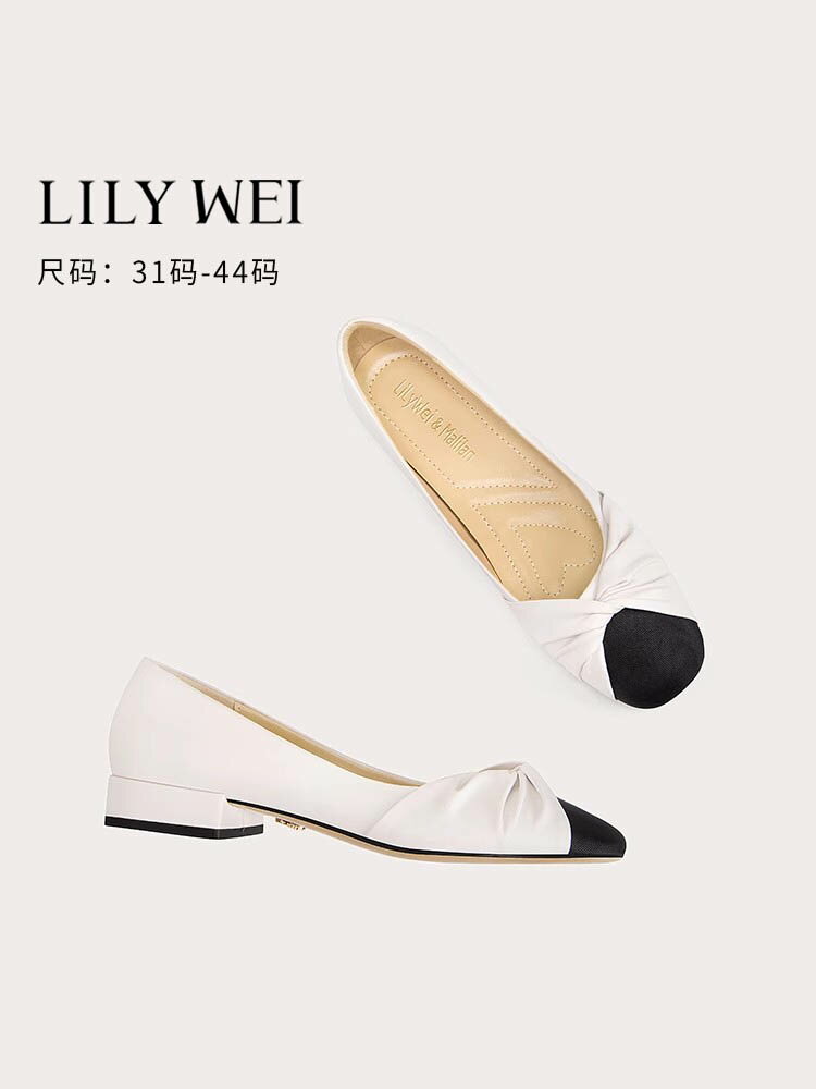 Lily Wei2024新款軟底舒適單鞋淺口蝴蝶結瓢鞋小碼女鞋313233工作