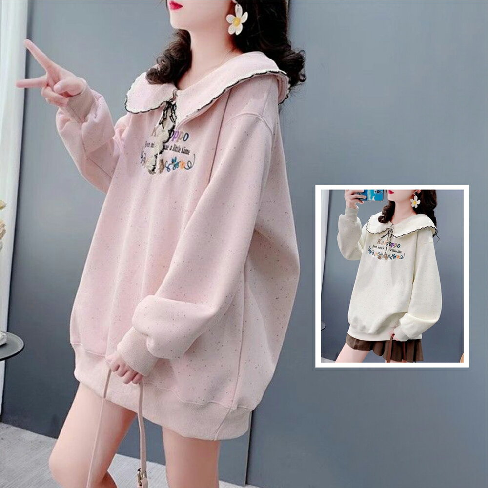 ＊ORead＊彩色點天鵝絨中長刺繡娃娃領加絨上衣(2色M~2XL)